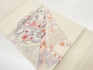 手織り紬草花に横段・鳥模様刺繍名古屋帯